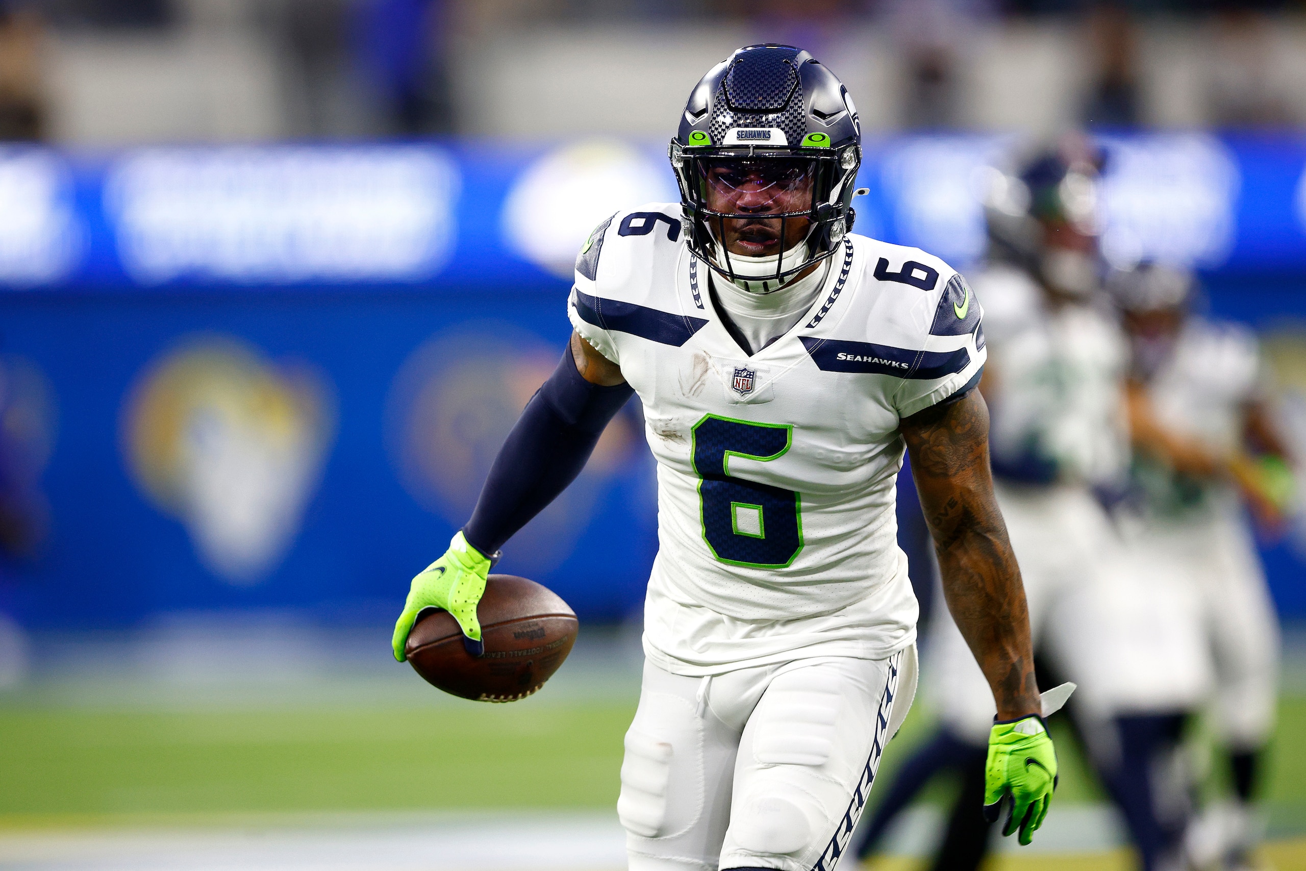 INGLEWOOD, CALIFORNIA - DECEMBER 21: Quandre Diggs #6 of the Seattle Seahawks reacts after intercepting a pass during the first half of a game against the Los Angeles Rams at SoFi Stadium on December 21, 2021 in Inglewood, California. (Photo by Sean M. Ha