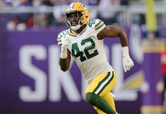 Green Bay Packers inside linebacker Oren Burks (42) in action during the second half of an NFL football game against the Minnesota Vikings, Sunday, Nov. 21, 2021 in Minneapolis. Minnesota won 34-31. (AP Photo/Stacy Bengs)