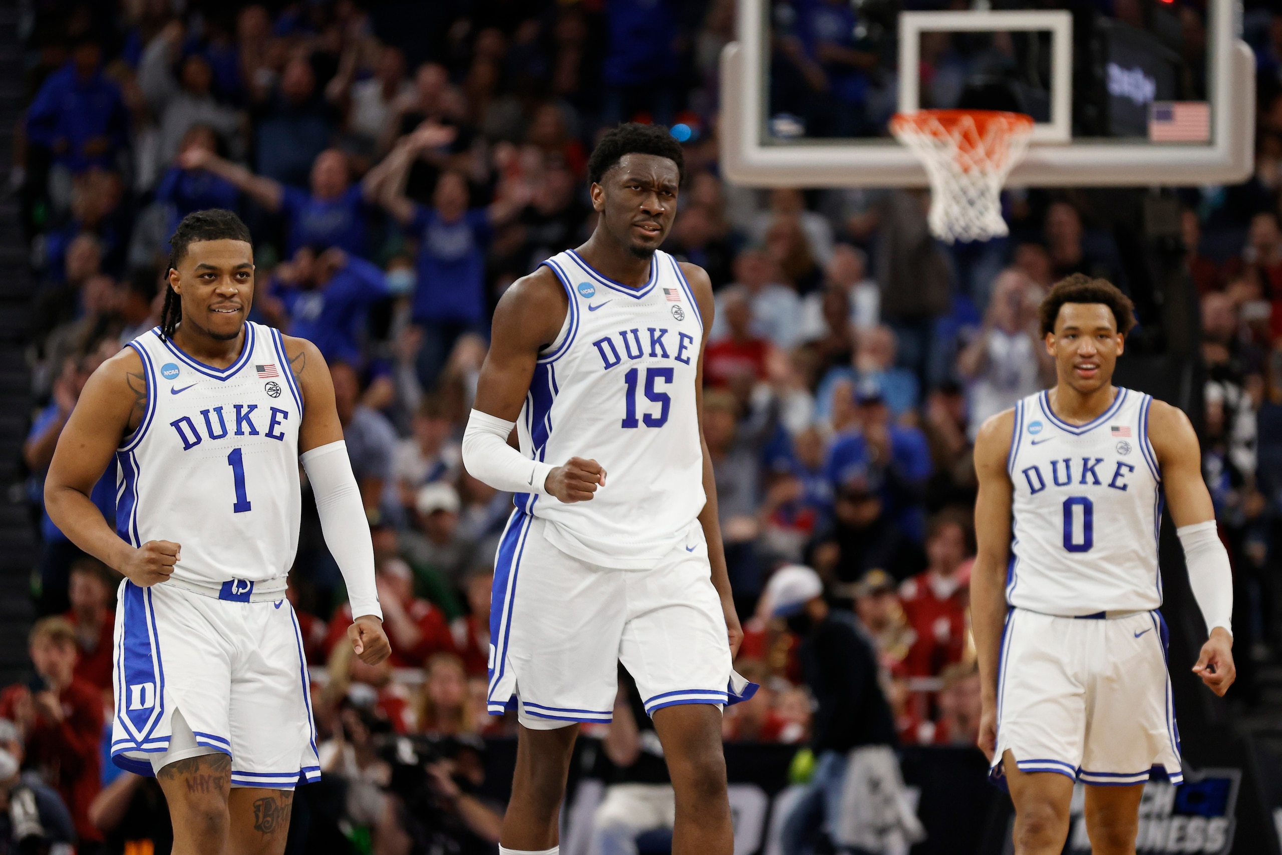 Duke's Trevor Keels (1), Mark Williams (15) and Wendell Moore Jr. (0) Duke's Trevor Keels (1), Mark Williams (15) and Wendell Moore Jr. (0)